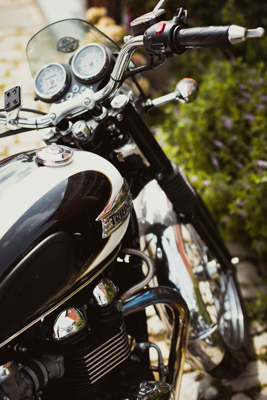 a close up of a motorcycle parked on a street