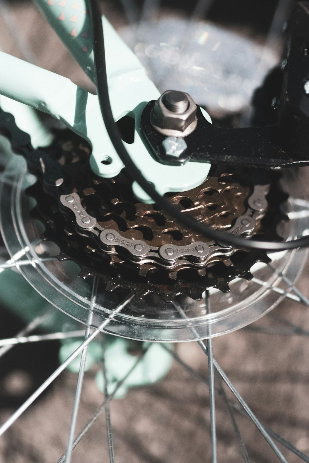A close up of a bicycle's front wheel