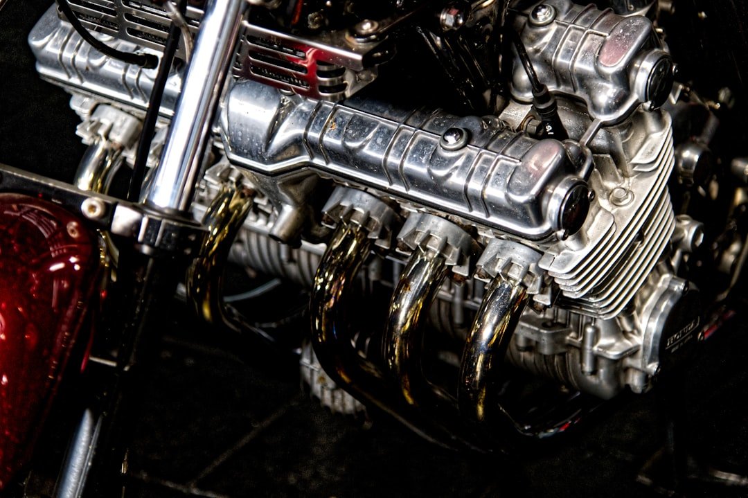 Close-up of a shiny motorcycle engine with chrome details.