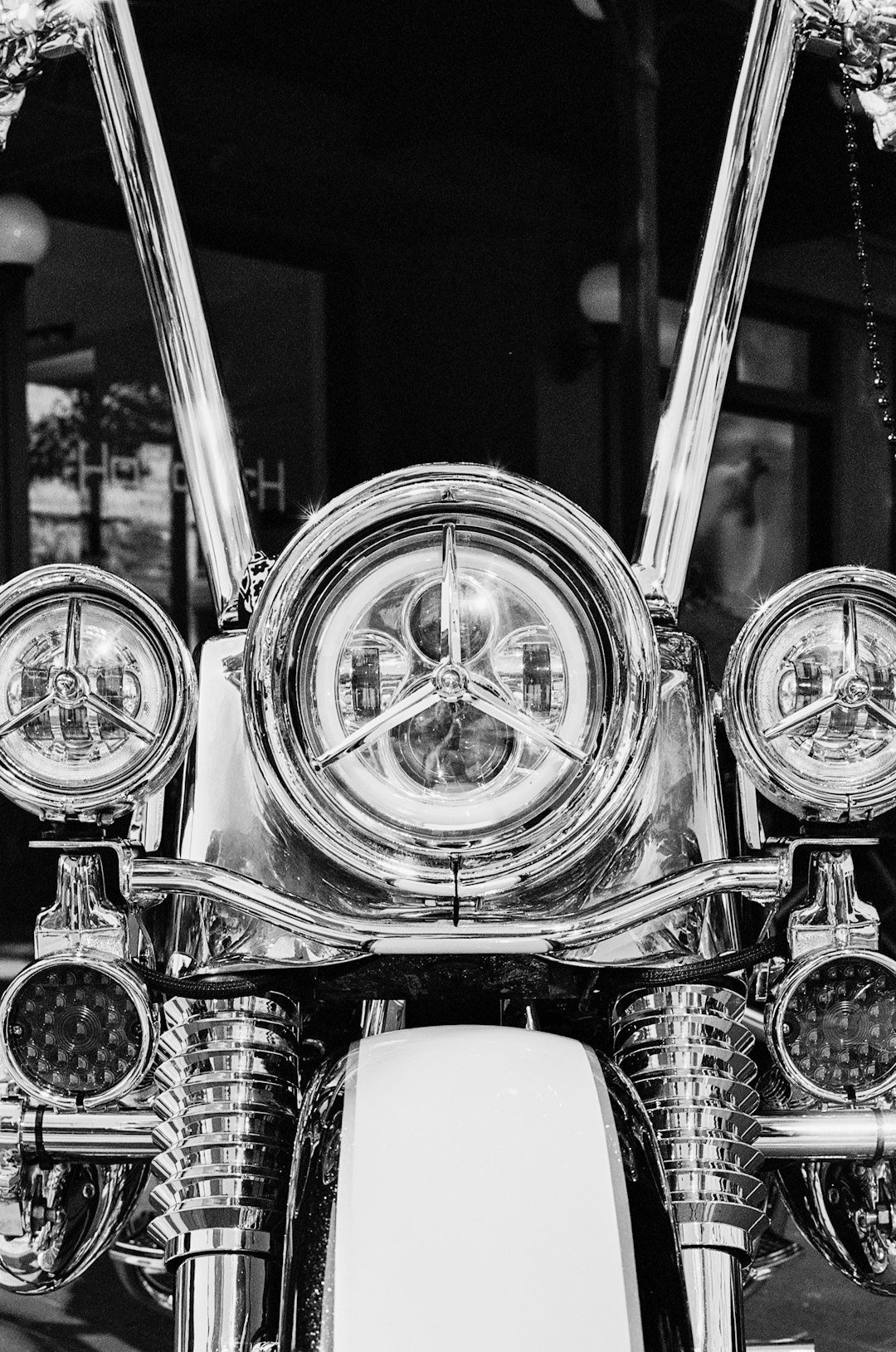 Close-up of a chrome motorcycle front end