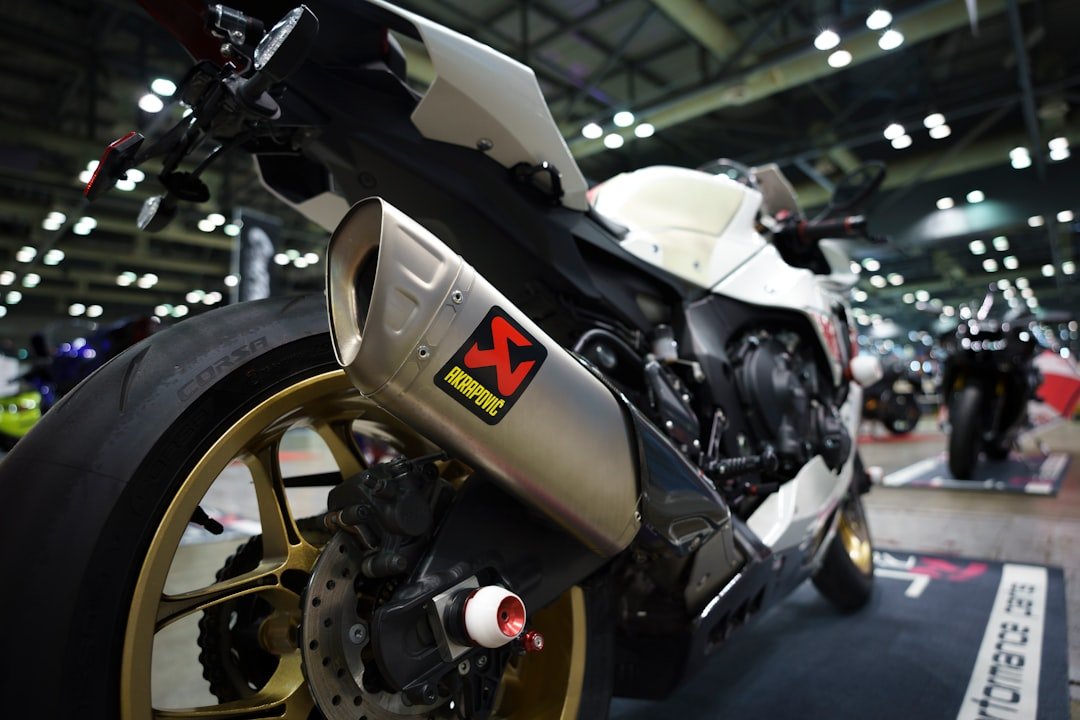 A motorcycle is on display in a showroom