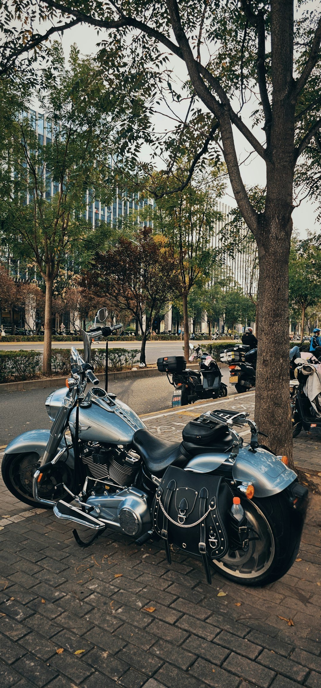 Silver motorcycle parked on a brick sidewalk near trees.