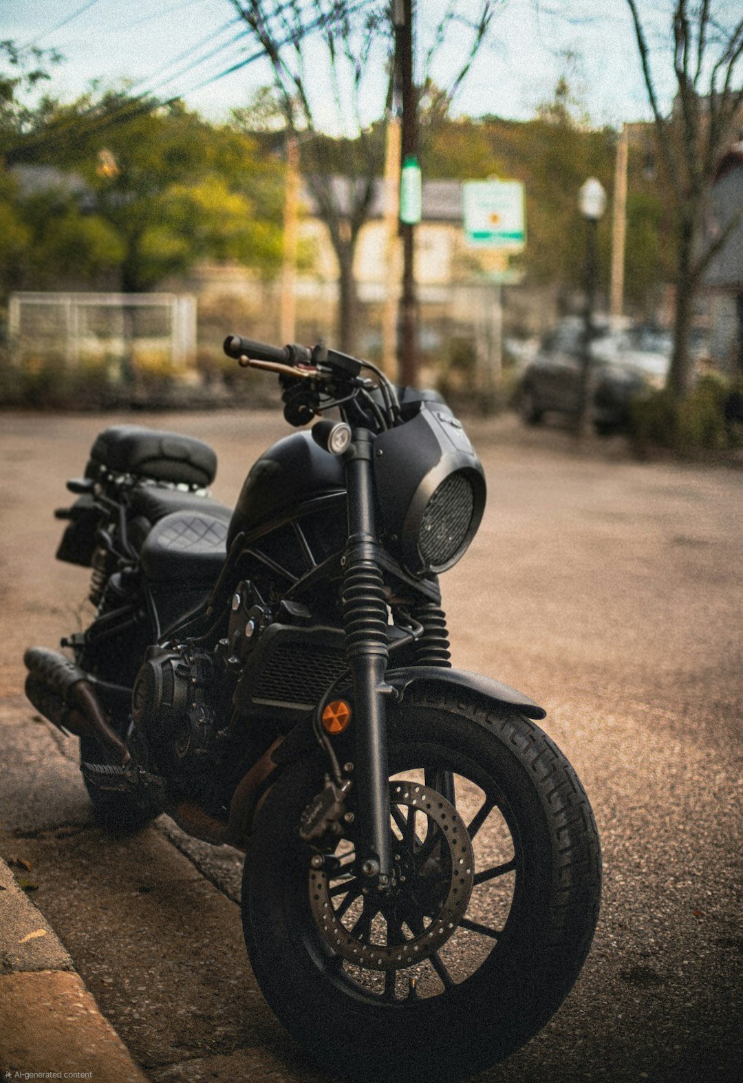 A black custom motorcycle parked on a street.