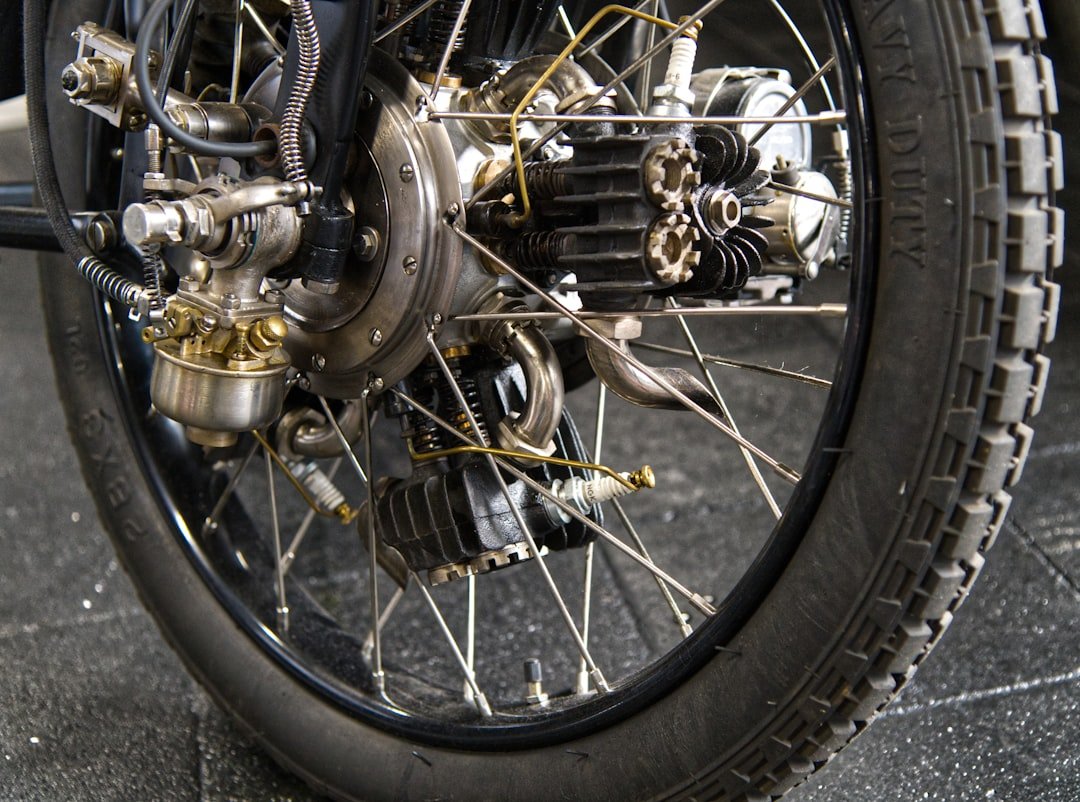 Close-up of vintage motorcycle engine and wheel