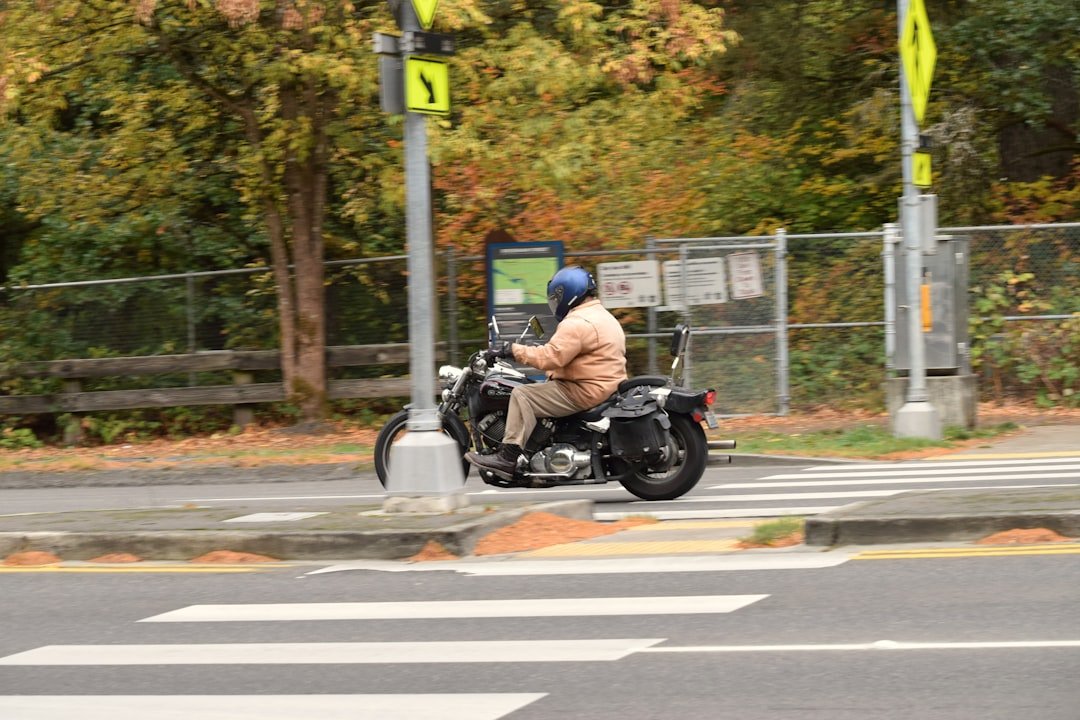 Man riding a motorcycle at a crosswalk.