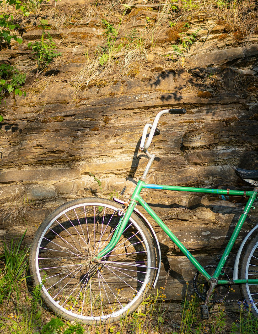 green bicycle leaning on brown rock wall