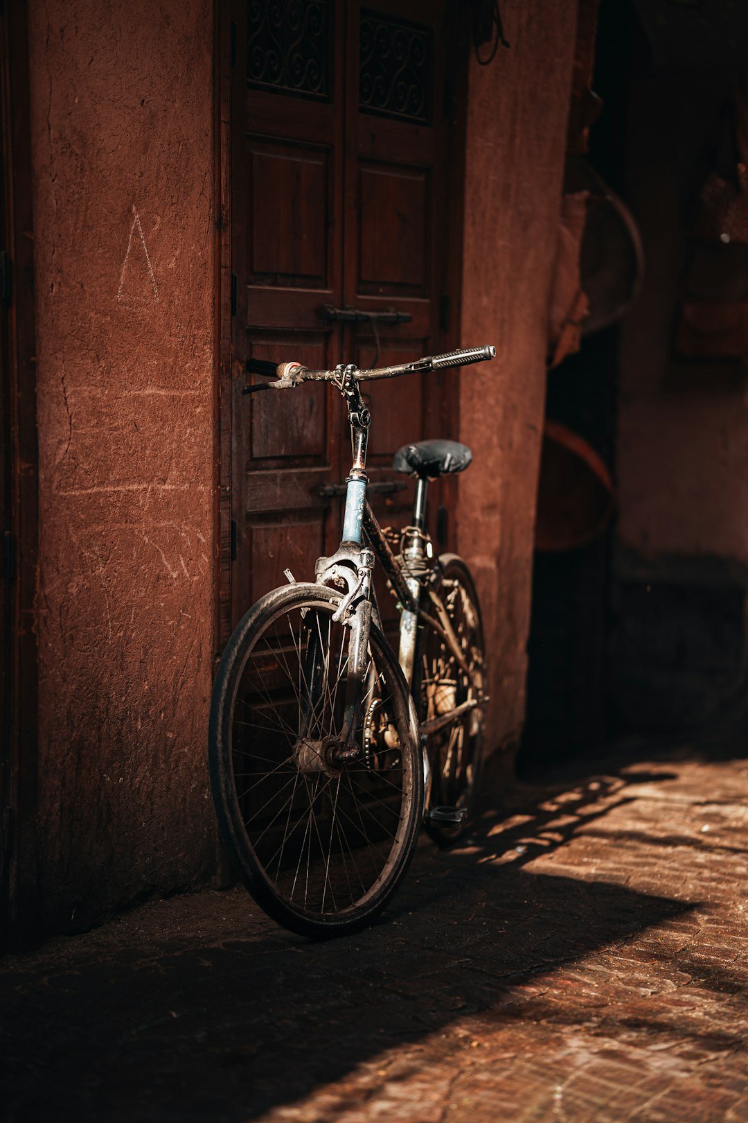 A bicycle leans against a rustic wooden door.