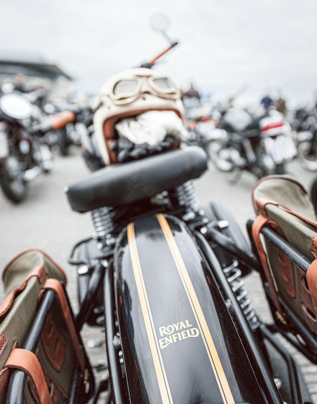 Royal enfield motorcycle with vintage helmet and goggles