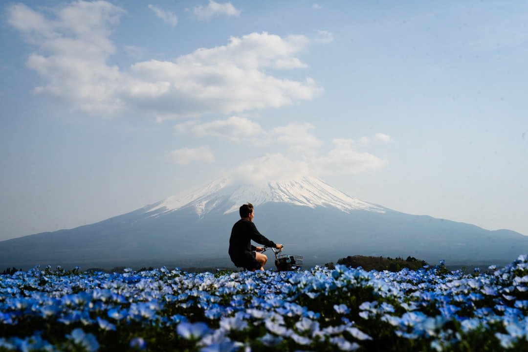 Person on bicycle in field of blue flowers with mountain.