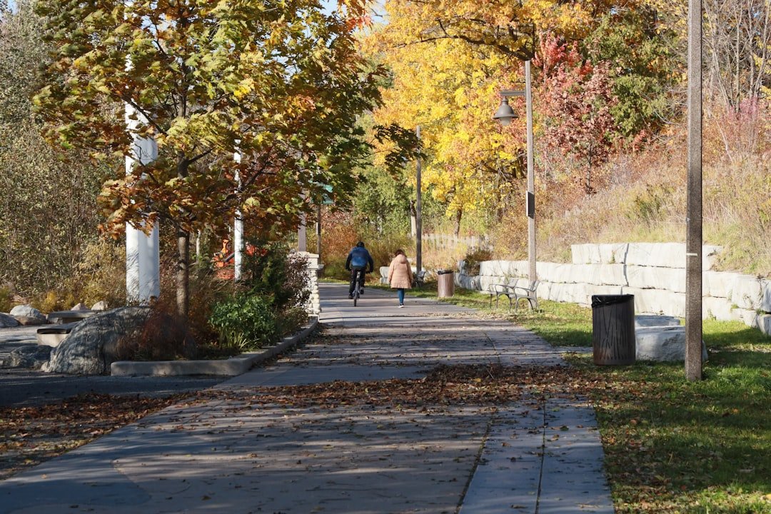 Two people cycling on a path in autumn park.