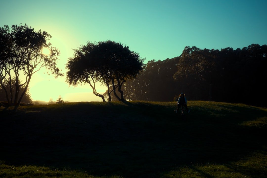 Woman walking on a grassy hill at sunset.