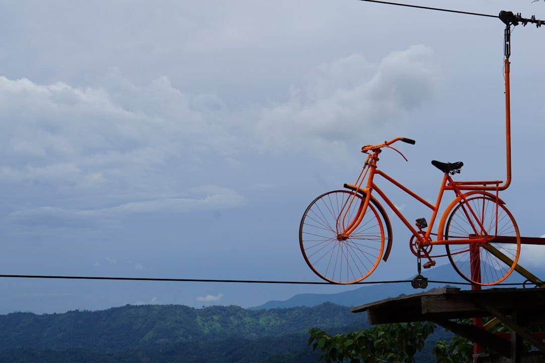 red city bike on brown wooden fence near body of water during daytime