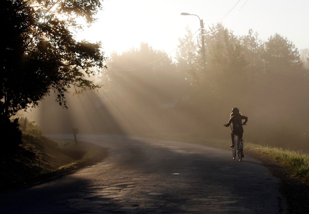 a person riding a bike down a road