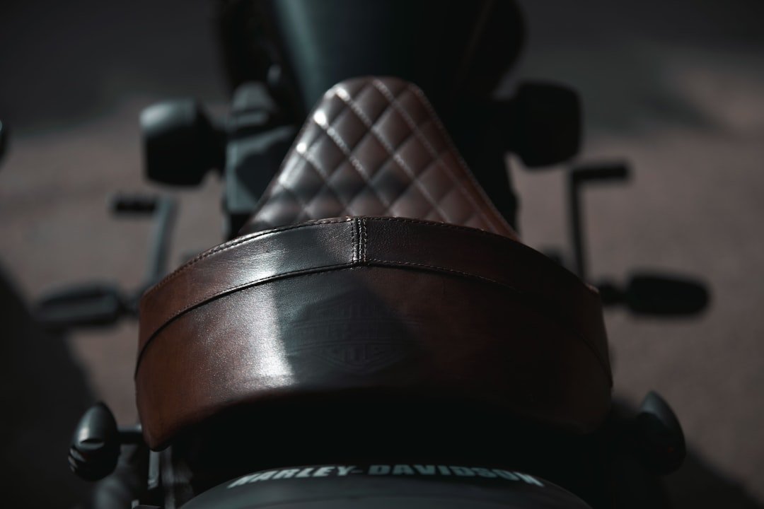 a close up of a motorcycle with a leather seat